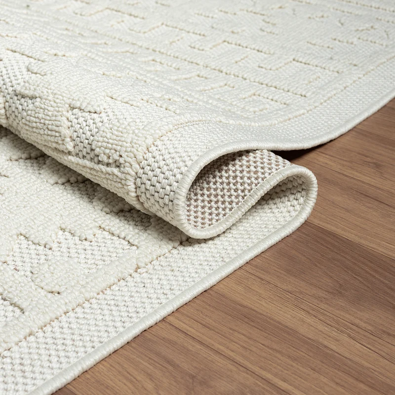 Teppich Boho Skandi Wohnzimmer, Schlafzimmer, Balkon, Küche, Terrasse, Flur 3D Creme