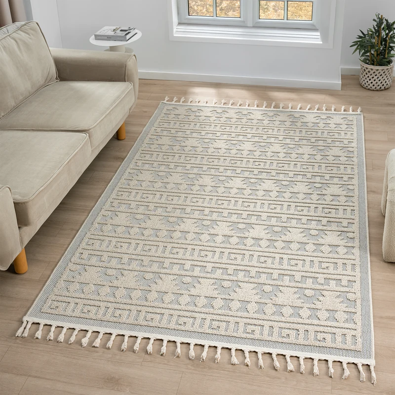 Teppich Boho Skandi Wohnzimmer, Schlafzimmer, Balkon, Küche, Terrasse, Flur 3D Creme