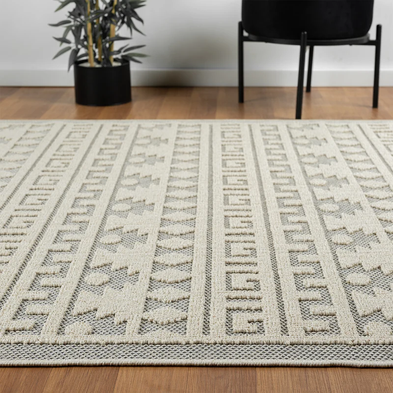 Teppich Boho Skandi Wohnzimmer, Schlafzimmer, Balkon, Küche, Terrasse, Flur 3D Creme