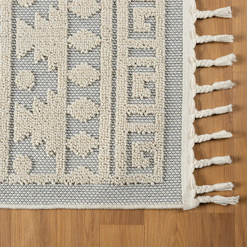 Teppich Boho Skandi Wohnzimmer, Schlafzimmer, Balkon, Küche, Terrasse, Flur 3D Creme