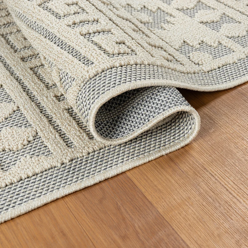 Teppich Boho Skandi Wohnzimmer, Schlafzimmer, Balkon, Küche, Terrasse, Flur 3D Creme
