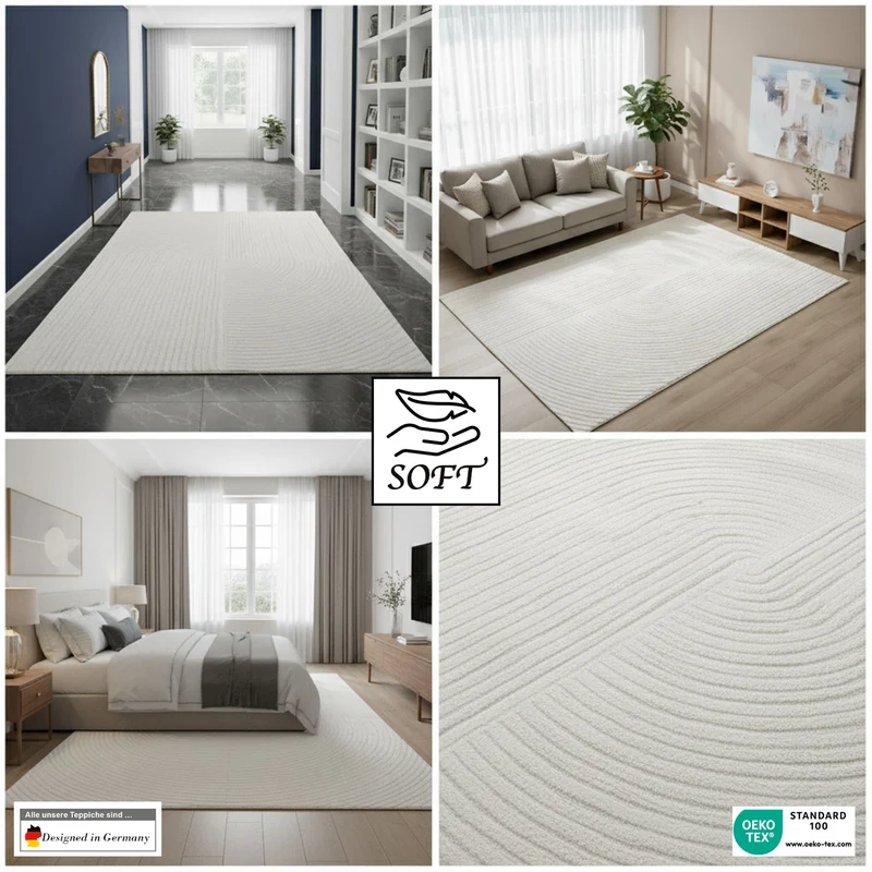 Moderner Kurzflor-Teppich Boho Wohnzimmer Schlafzimmer dünn mit 3D Hoch-Tief Effekt Pflegeleicht