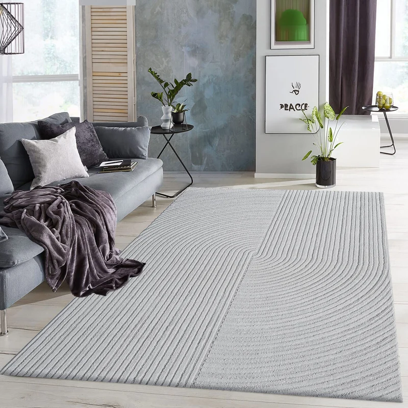 Moderner Kurzflor-Teppich Boho Wohnzimmer Schlafzimmer dünn mit 3D Hoch-Tief Effekt Pflegeleicht