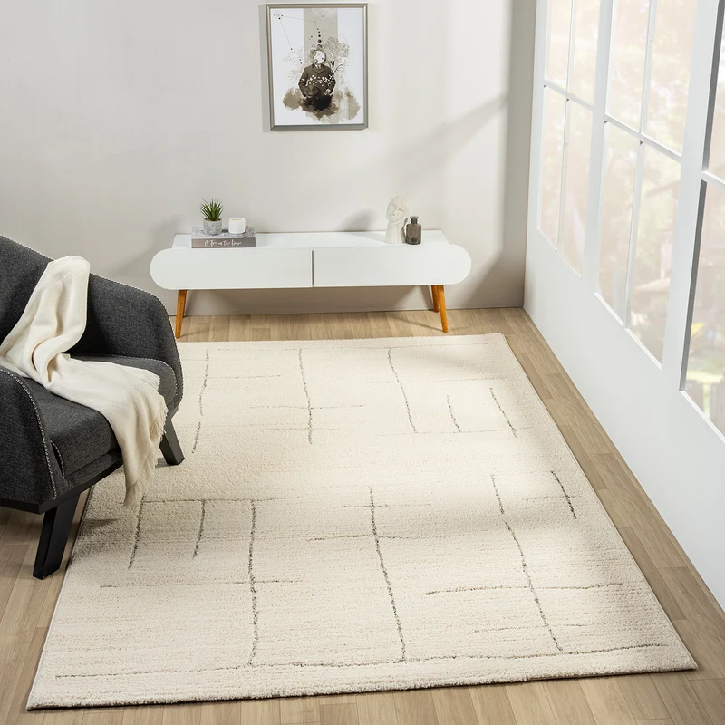 Kurzflor Teppich Skandinavisch Wohnzimmer Schlafzimmer Boho Optik Weich Streifen