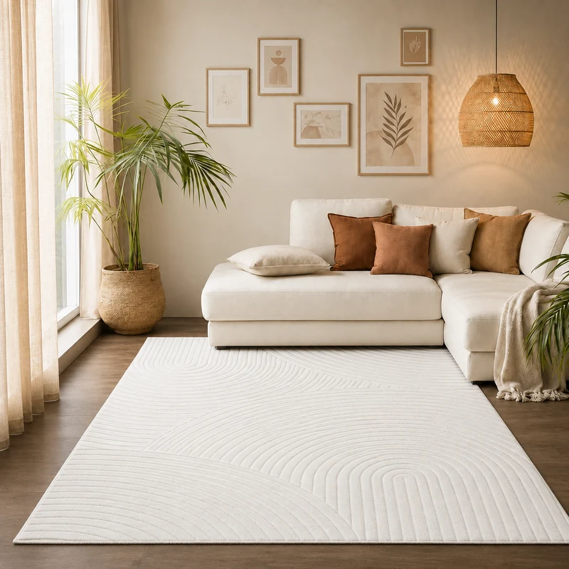 Robuster Flachgewebe Teppich Natur Look in Creme 3D+Hoch-Tief Effekt, Weich