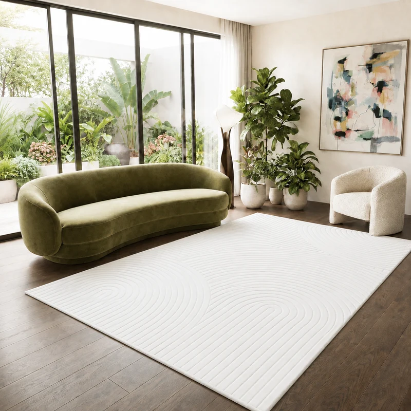 Robuster Flachgewebe Teppich Natur Look in Creme 3D+Hoch-Tief Effekt, Weich