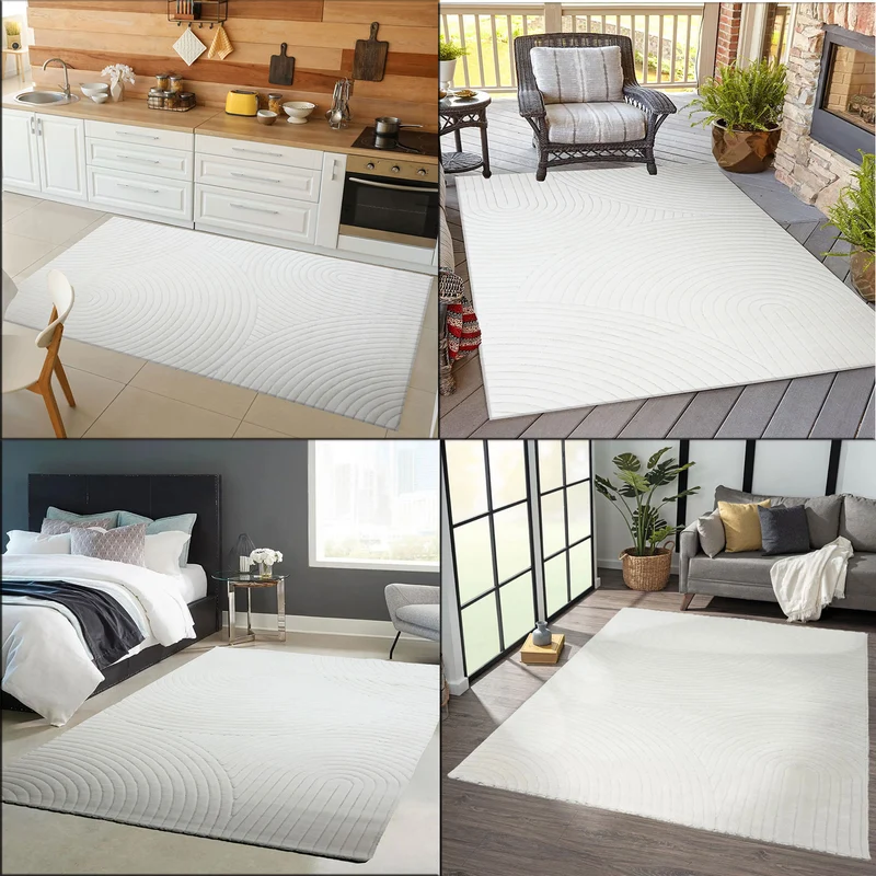 Robuster Flachgewebe Teppich Natur Look in Creme 3D+Hoch-Tief Effekt, Weich