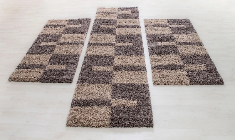 Bettumrandung Hochflor Shaggy Teppich Läuferset 3 teilig Kariert Taupe Beige