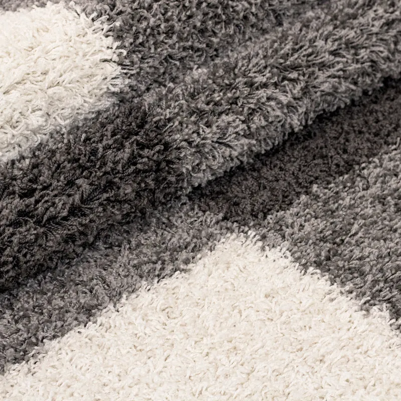 Bettumrandung Hochflor Shaggy Teppich Läuferset 3 teilig Kariert Hellgrau Weiß