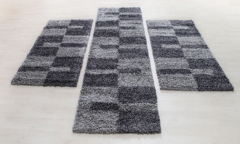 Bettumrandung Hochflor Shaggy Teppich Läuferset 3 teilig Kariert Grau Hellgrau
