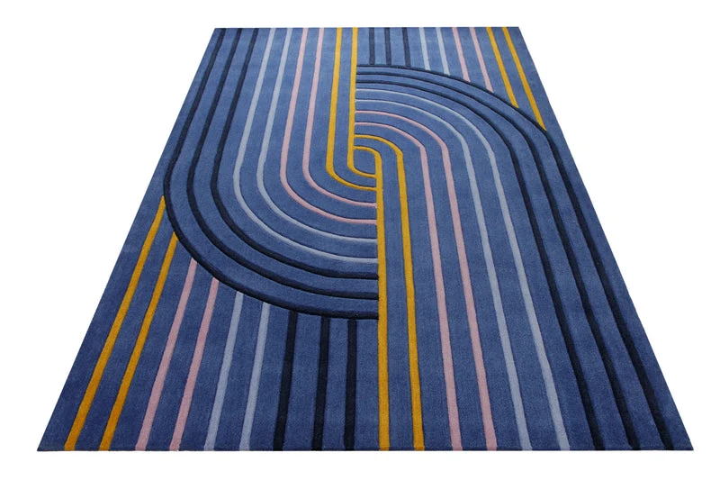 Retro-Kurve in Nachtblau - Handtuft 160 x 230 cm
