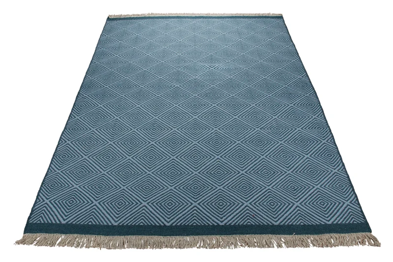 Handwebteppich Wolle Rautenmuster blau 160x230 cm