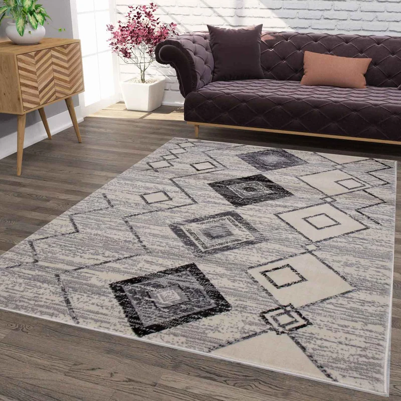 Wohnzimmer Kurzflor Geometrisches Muster Skandi Boho Modern Style Beige