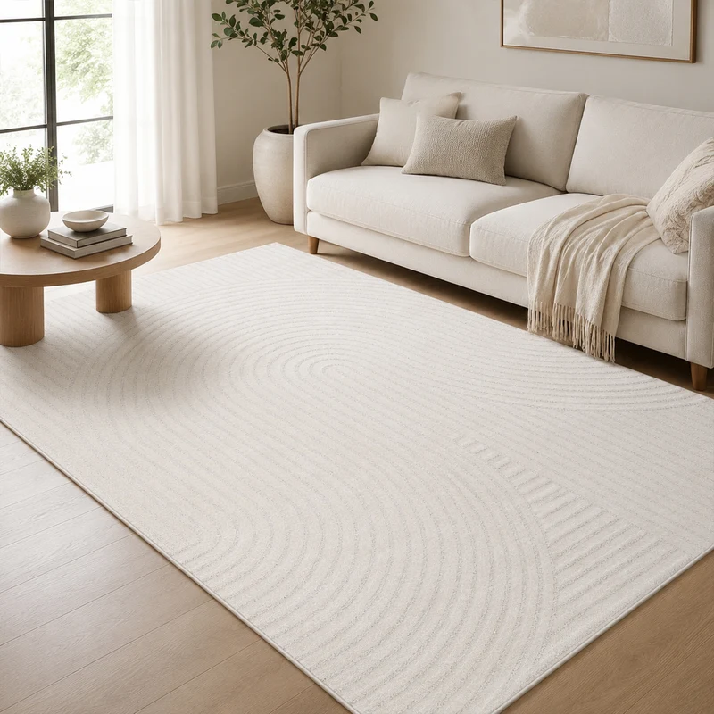 Kurzflor Teppich Wohnzimmer – Moderner Design Teppich mit Struktur, weich, pflegeleicht, in Creme, Beige & Taupe