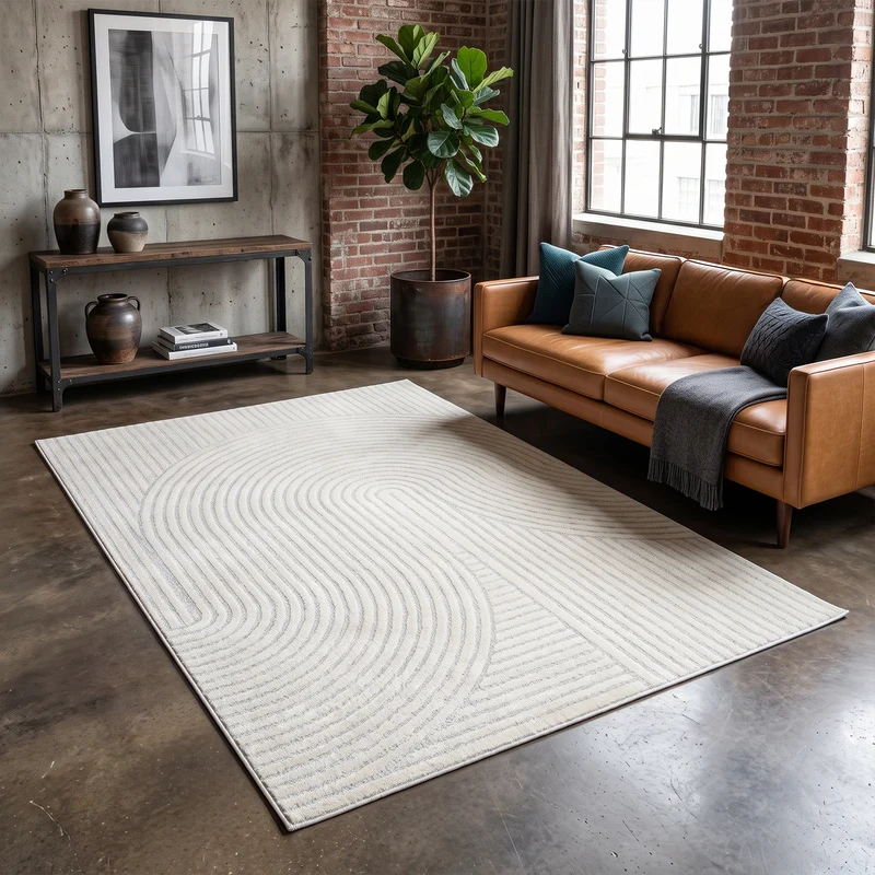Kurzflor Teppich Wohnzimmer – Moderner Design Teppich mit Struktur, weich, pflegeleicht, in Creme, Beige & Taupe