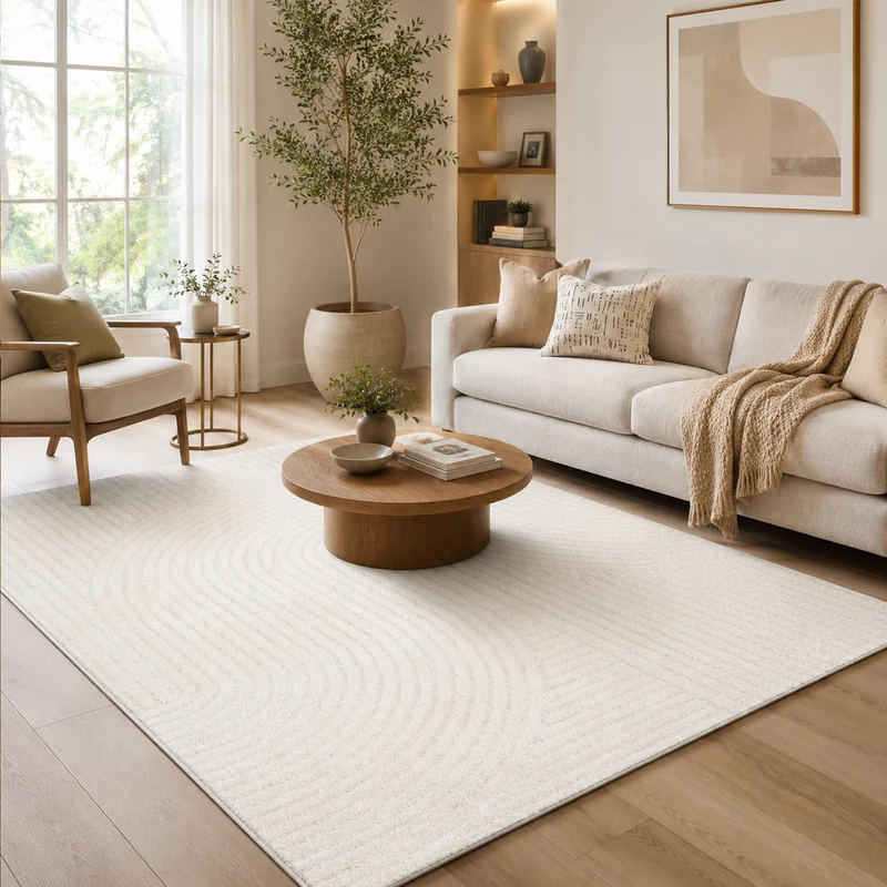 Kurzflor Teppich Wohnzimmer – Moderner Design Teppich mit Struktur, weich, pflegeleicht, in Creme, Beige & Taupe