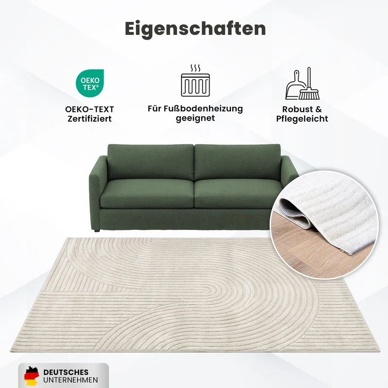 Kurzflor Teppich Wohnzimmer – Moderner Design Teppich mit Struktur, weich, pflegeleicht, in Creme, Beige & Taupe