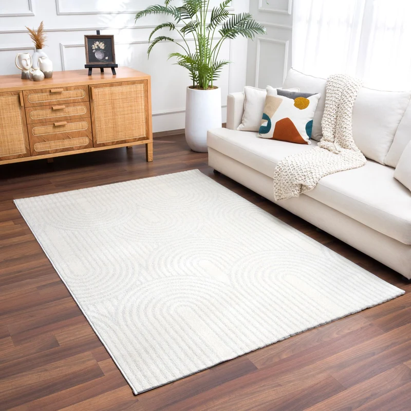 Kurzflor Teppich Wohnzimmer – Moderner Design Teppich mit Struktur, weich, pflegeleicht, in Creme, Beige & Taupe