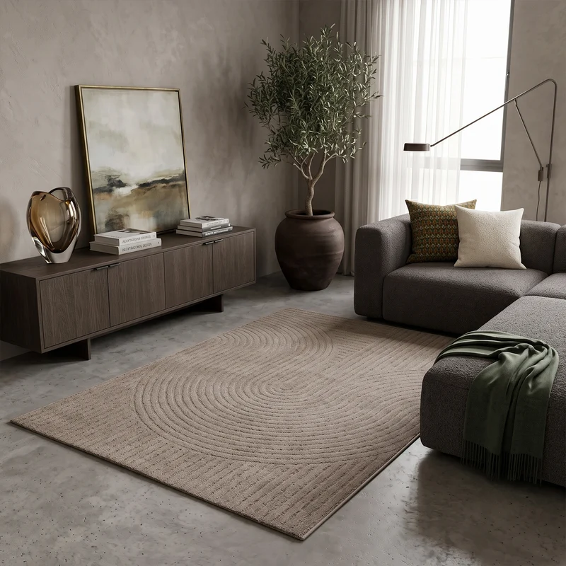 Kurzflor Teppich Wohnzimmer – Moderner Design Teppich mit Struktur, weich, pflegeleicht, in Creme, Beige & Taupe