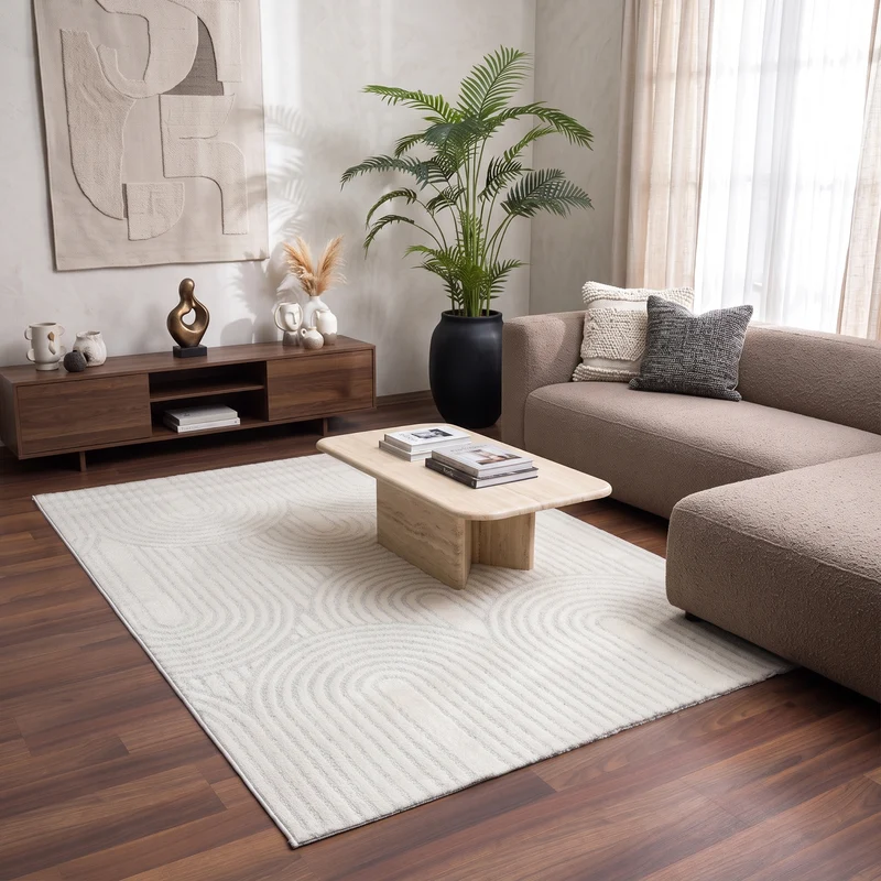 Kurzflor Teppich Wohnzimmer – Moderner Design Teppich mit Struktur, weich, pflegeleicht, in Creme, Beige & Taupe