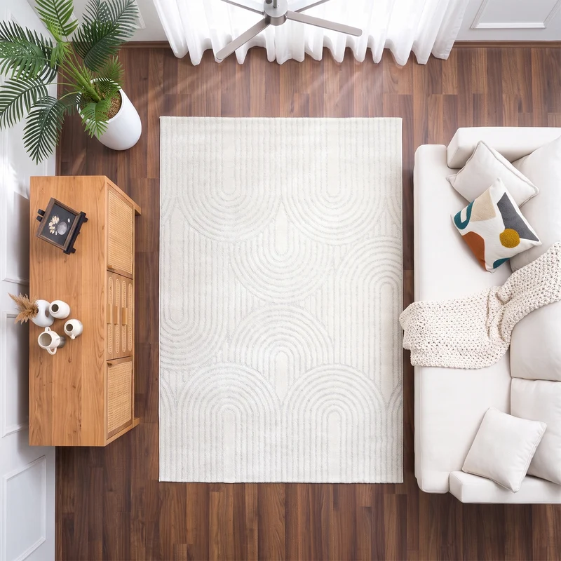 Kurzflor Teppich Wohnzimmer – Moderner Design Teppich mit Struktur, weich, pflegeleicht, in Creme, Beige & Taupe