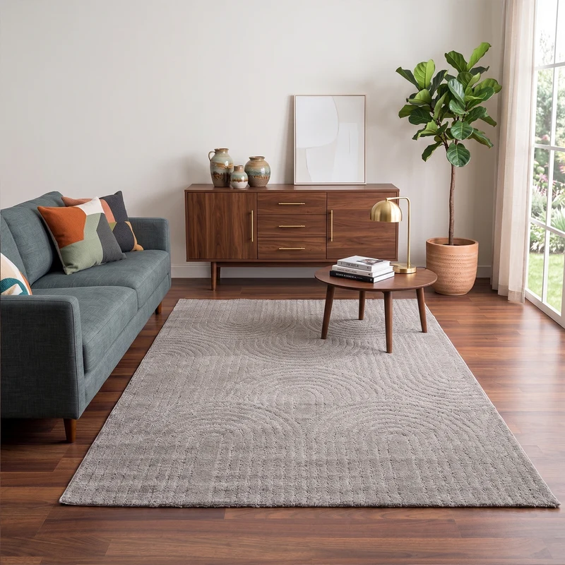 Kurzflor Teppich Wohnzimmer – Moderner Design Teppich mit Struktur, weich, pflegeleicht, in Creme, Beige & Taupe