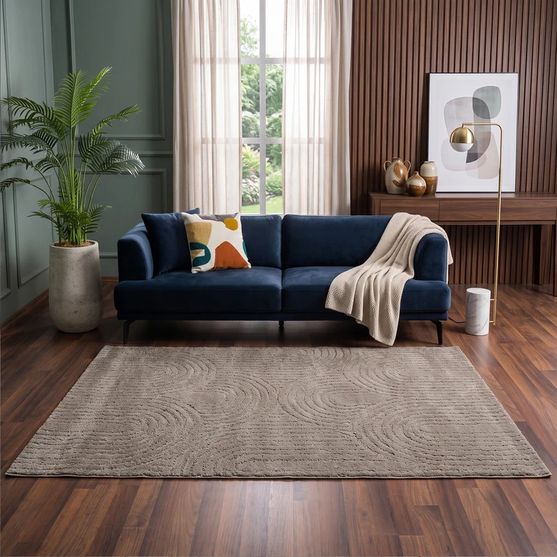 Kurzflor Teppich Wohnzimmer – Moderner Design Teppich mit Struktur, weich, pflegeleicht, in Creme, Beige & Taupe