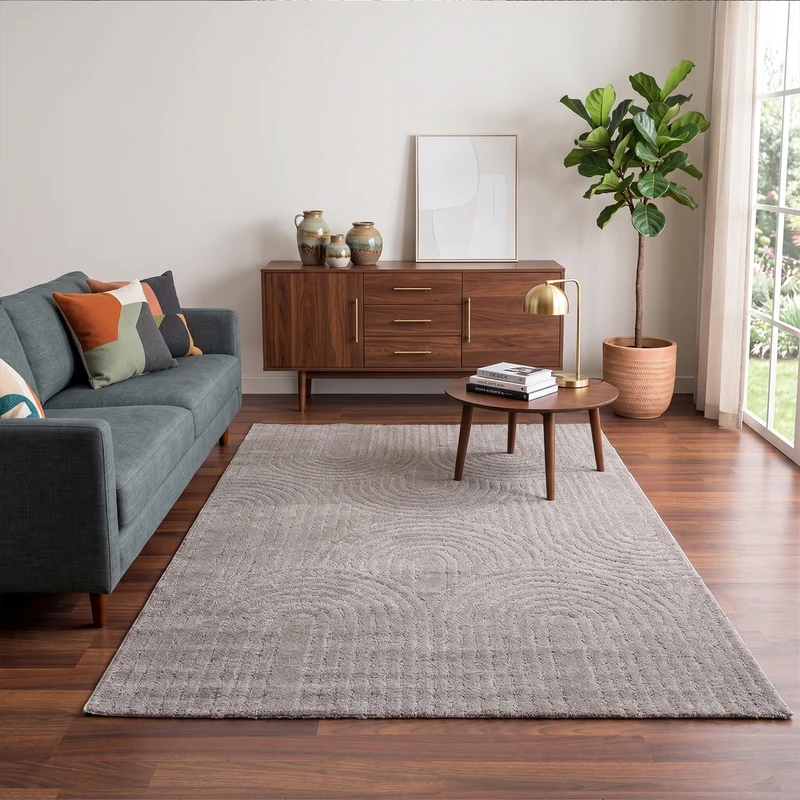 Kurzflor Teppich Wohnzimmer – Moderner Design Teppich mit Struktur, weich, pflegeleicht, in Creme, Beige & Taupe