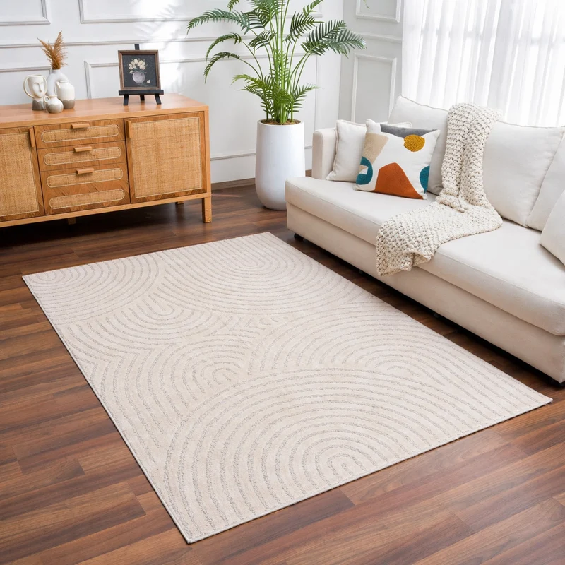 Kurzflor Teppich Wohnzimmer – Moderner Design Teppich mit Struktur, weich, pflegeleicht, in Creme, Beige & Taupe