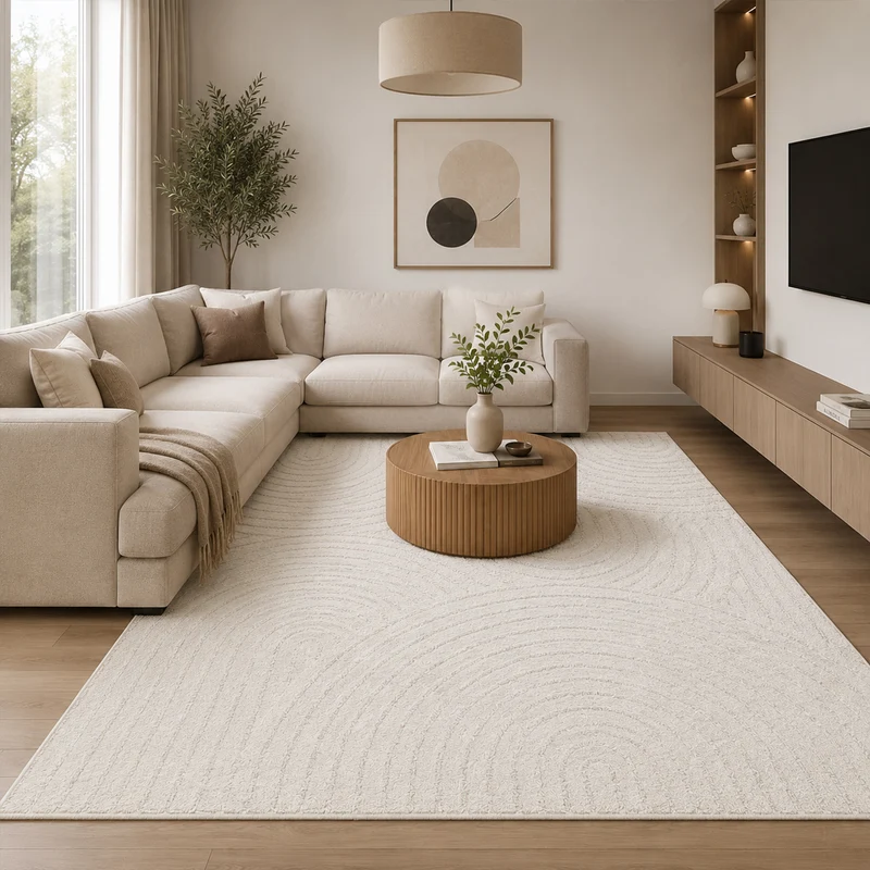 Kurzflor Teppich Wohnzimmer – Moderner Design Teppich mit Struktur, weich, pflegeleicht, in Creme, Beige & Taupe