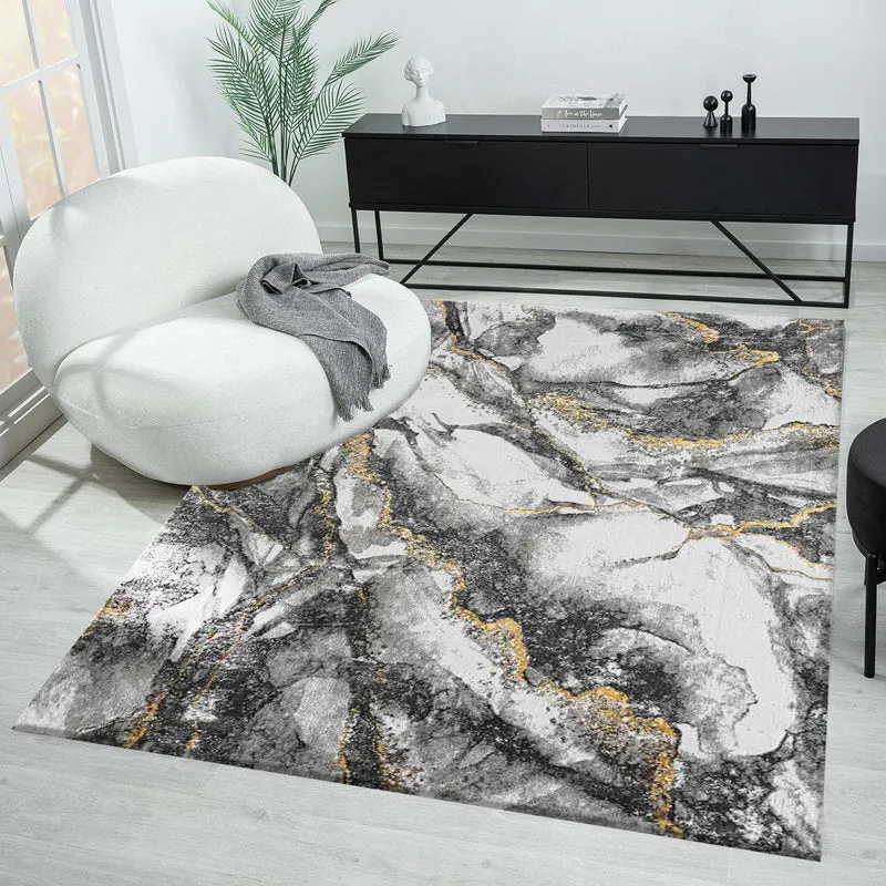 Moderner Teppich mit Marmor-Optik in Grau und Gold Tönen Wohnzimmer