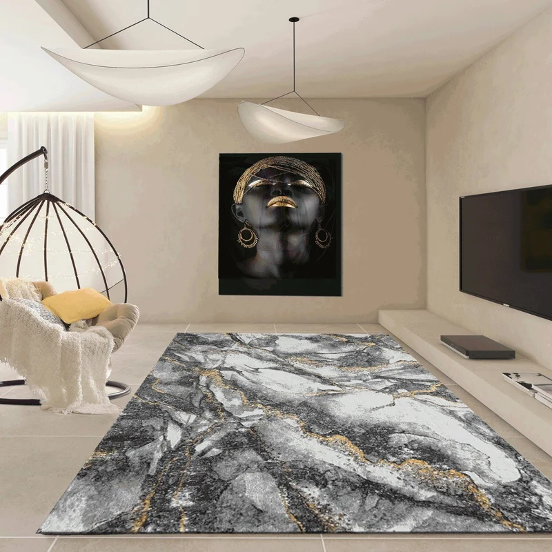 Moderner Teppich mit Marmor-Optik in Grau und Gold Tönen Wohnzimmer