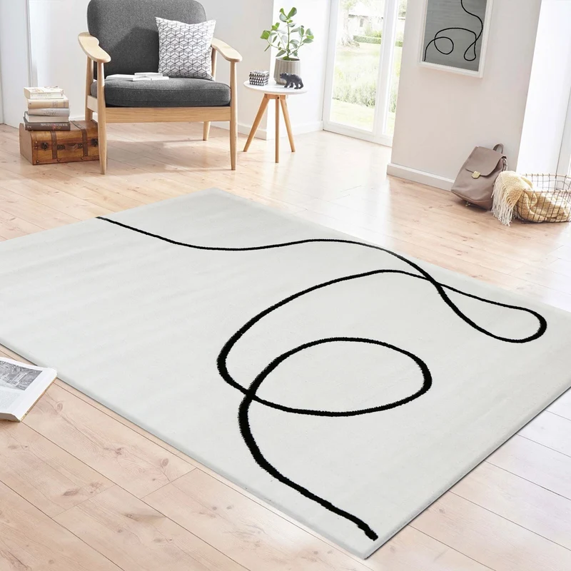 Moderner One-Line Wohnzimmer Teppich in Creme/Schwarz Kunstdesign Kurzflor