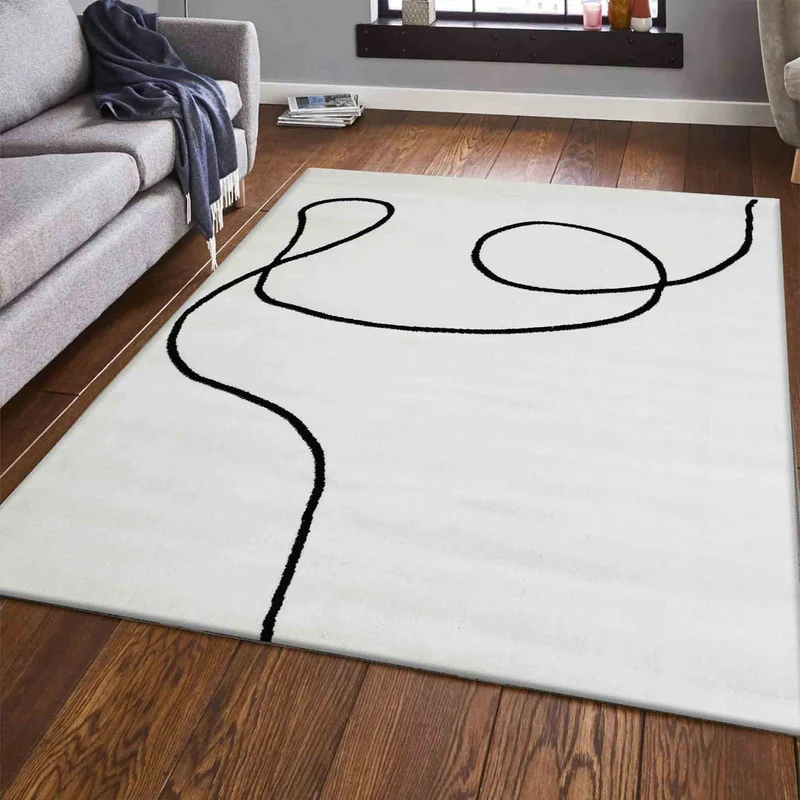 Moderner One-Line Wohnzimmer Teppich in Creme/Schwarz Kunstdesign Kurzflor
