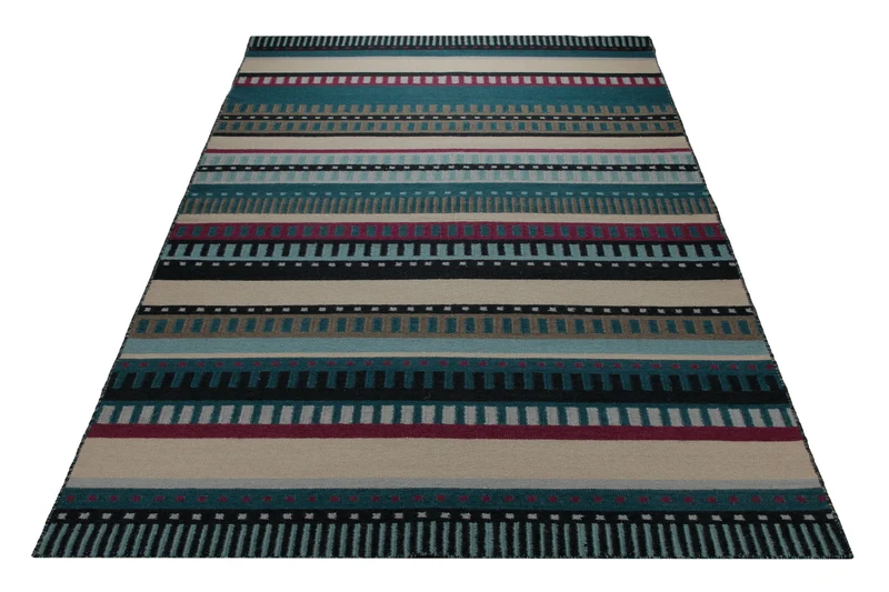 Handwebteppich Wolle Streifen petrol creme 160x230 cm