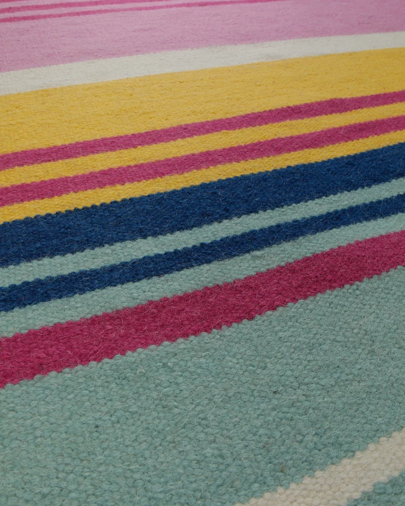 Handwebteppich Wolle Streifen bunt blau pink 160x230 cm