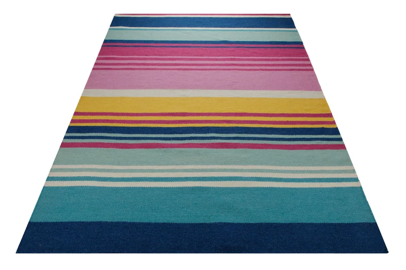 Handwebteppich Wolle Streifen bunt blau pink 160x230 cm