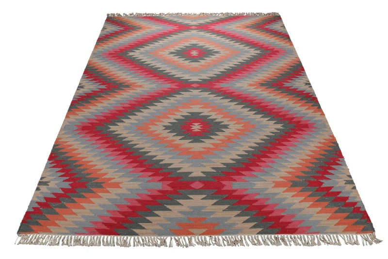 Handwebteppich Wolle Kelim Rauten rot grau 160x230 cm