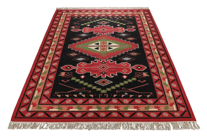 Handwebteppich Wolle Kelim Medaillon schwarz rot 160x230 cm