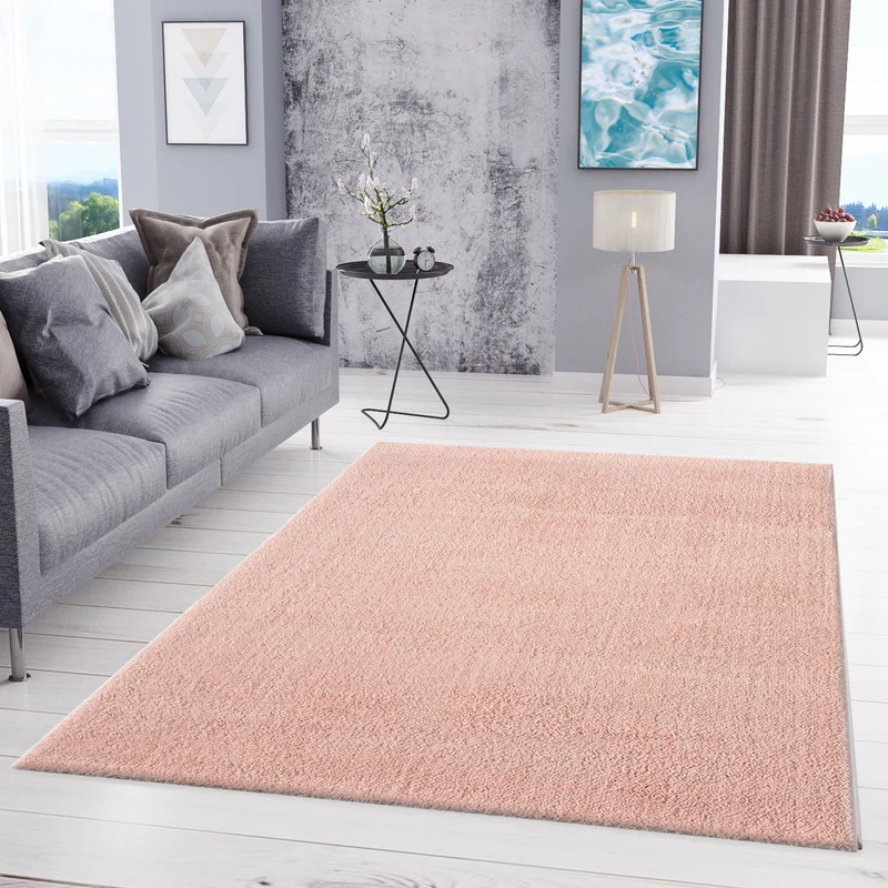 Teppich Wohnzimmer in Pastell Rose Flauschig Microfaser Dicht gewebt-Weich