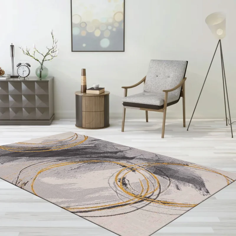 Teppich Wohnzimmer Schlafzimmer Flur Teppich Kurzflor Kreisel Muster in Gelb Creme