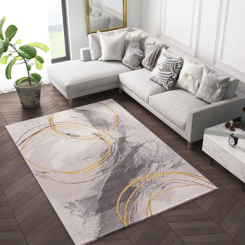 Teppich Wohnzimmer Schlafzimmer Flur Teppich Kurzflor Kreisel Muster in Gelb Creme