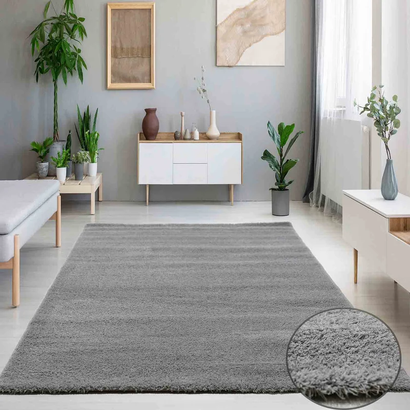 Teppich Wohnzimmer in Hell-Grau Flauschig Microfaser Dicht gewebt-Weich