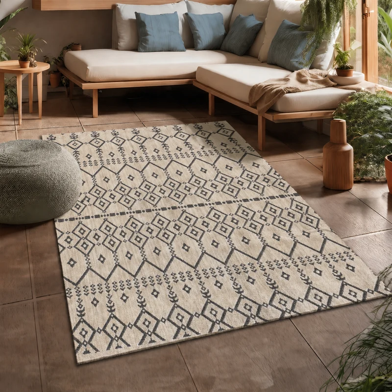 Teppich In- und Outdoor Flachgewebe Terrasse Balkon Wetterfest Wintergarten Robust BOHO geprägtes Design