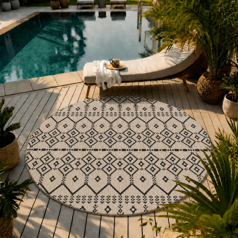 Teppich In- und Outdoor Flachgewebe Terrasse Balkon Wetterfest Wintergarten Robust BOHO geprägtes Design