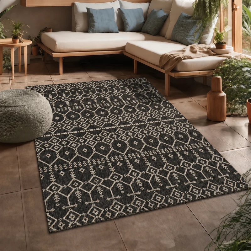 Teppich In- und Outdoor Flachgewebe Terrasse Balkon Wetterfest Wintergarten Robust BOHO geprägtes Design