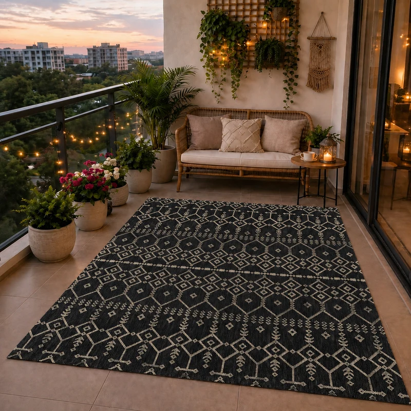 Teppich In- und Outdoor Flachgewebe Terrasse Balkon Wetterfest Wintergarten Robust BOHO geprägtes Design
