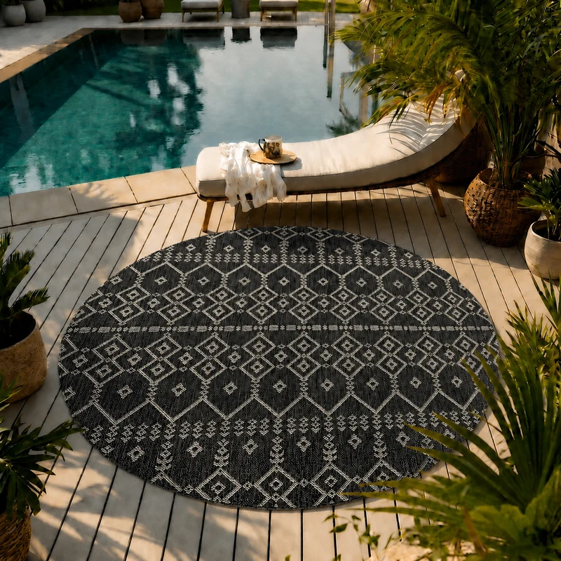 Teppich In- und Outdoor Flachgewebe Terrasse Balkon Wetterfest Wintergarten Robust BOHO geprägtes Design