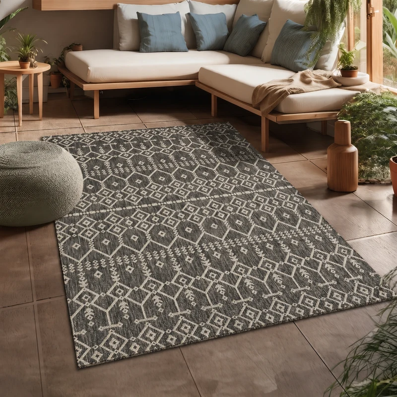 Teppich In- und Outdoor Flachgewebe Terrasse Balkon Wetterfest Wintergarten Robust BOHO geprägtes Design