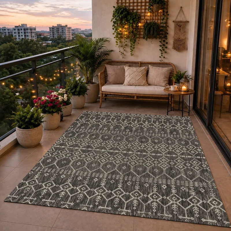Teppich In- und Outdoor Flachgewebe Terrasse Balkon Wetterfest Wintergarten Robust BOHO geprägtes Design